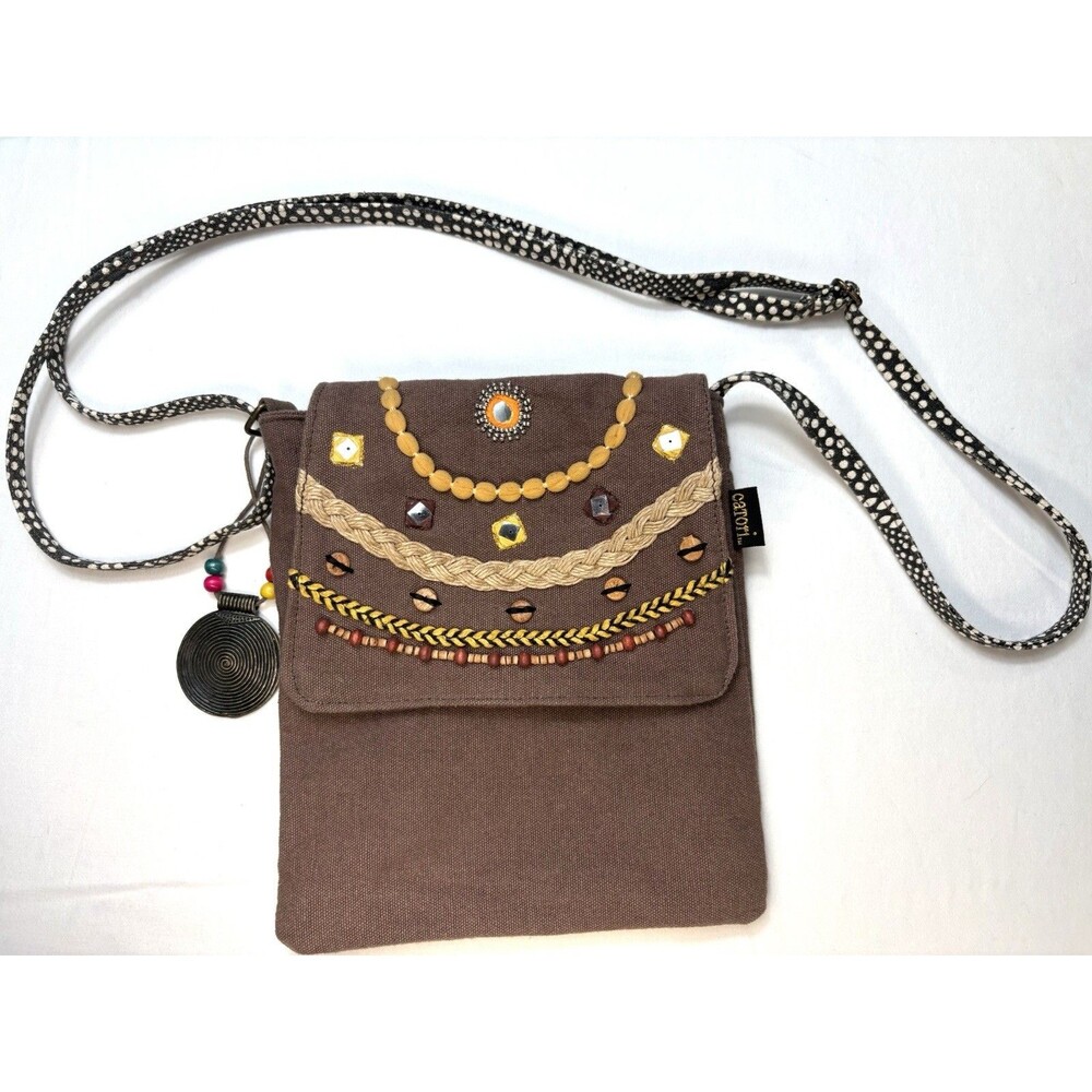 Caromi Brown Small Bohemian Beaded Embroidered Crossbody Bag Charm Magnetic